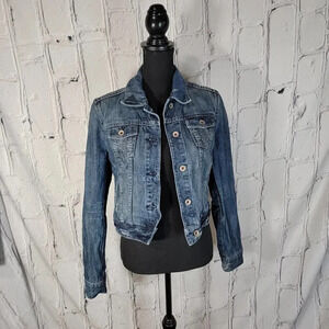 Express X2 Denim Womens Blue Dark Wash Jean Jacket Button Front Cropped Preppy M